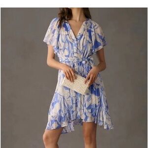 By Anthropologie V-Neck Ruffle-Sleeve Pleated Dress